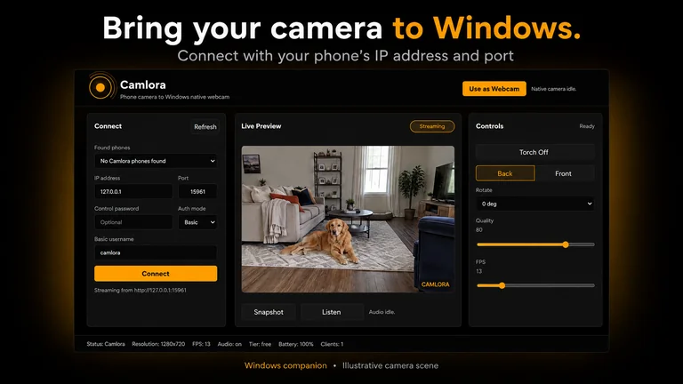 Camlora camera connection interface: start on Android and view on another device